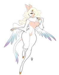  angel blonde_hair breasts digital_media_(artwork) feathered_wings feathers female hair hooves horn hybrid luckypan mammal nude prisha simple_background solo white_background wings 