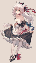  american_flag american_flag_print animal_ear_fluff animal_ears apron azur_lane bare_shoulders black_bow black_dress blue_eyes blush bow breasts cat_ears cat_hair_ornament choker commentary dress fake_animal_ears female flag_print hair_ornament hairbow hammann_(azur_lane) hammann_(retrofit)_(azur_lane) headband highres kemomin_nosuke long_hair maid puffy_short_sleeves puffy_sleeves red_choker short_sleeves solo thighhighs waist_apron white_apron white_hair 