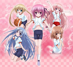  ball basketball bike_shorts blonde_hair bloomers blue_eyes blue_hair blush breasts brown_hair flat_chest glasses hakamada_hinata kashii_airi long_hair minato_tomoka misawa_maho nagatsuka_saki navel noguchi_takayuki pink_eyes pink_hair purple_eyes purple_hair ribbons ro-kyu-bu! shirt short_hair shorts smile socks sport thighhighs twintails 