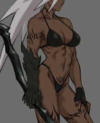  abs bad_id bad_twitter_id bare_shoulders bikini breasts cleavage collarbone commentary_request dark-skinned_female dark_elf dark_skin drill_(emilio) earrings elf female fingerless_gloves gauntlets gloves grey_background hair_over_one_eye holding jewelry long_hair medium_breasts midriff navel neytharone_(drill_(emilio)) original pointy_ears ponytail simple_background sleeveless solo standing swimsuit tattoo white_hair 