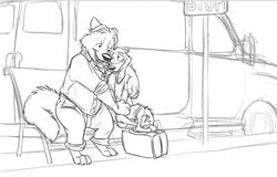  2017 anthro black-footed_ferret bottomwear canid canine car clothing disney duo fox gideon_grey hug male male/male mammal monochrome mustelid musteline pants plantigrade raised_heel red_fox shirt shorts sitting slightly_chubby standing_on_toes tiptoes topwear travis_(zootopia) true_fox true_musteline vehicle weasel weaselgrease zootopia 