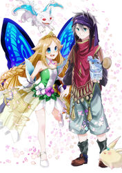  1boy 2girls :d aqua_eyes baggy_shorts black_sleeves blonde_hair blue_eyes blue_hair braid brown_footwear butterfly_wings closed_mouth collarbone commentary_request creature detached_collar detached_sleeves dragon drill_hair fairy flower_skirt gem gloves gold_trim grey_hair grey_shorts hair_flaps headband hero_(merc_storia) high_heels highres holding holding_hands holding_jar in_container insect_wings jar jewelry leg_up leg_warmers light_smile liquid_hair long_hair looking_at_another merc_(merc_storia) merc_storia mini_person minigirl monster_girl multi-tied_hair multiple_girls open_mouth pearl_(gemstone) red_vest ring round_teeth sarodia shoes shorts sideways_mouth slime_girl smile teeth tiara toto_(merc_storia) twin_braids twin_drills upper_teeth_only very_long_hair vest white_footwear white_gloves wings zaramekypp 