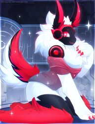  absurd_res anthro black_body black_fur clothing female fluffy fur futuristic hi_res koveliana looking_at_viewer machine mammal noisy_(redace83) protogen red_body red_fur robot robot_anthro science_fiction screen screen_face solo sparkles white_body white_fur 