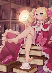  absurdres bare_legs barefoot beatrice_(re:zero) blonde_hair blue_eyes book butterfly-shaped_pupils capelet chashuwu crossed_legs crown cup dress drill_hair expressionless feet female foot_focus fur-trimmed_capelet fur_trim hair_ornament highres indoors long_hair looking_at_viewer mini_crown pillow re:zero_kara_hajimeru_isekai_seikatsu red_capelet red_dress red_skirt shoes sidelocks sitting skirt soles solo symbol-shaped_pupils teacup toes twin_drills unworn_shoes 