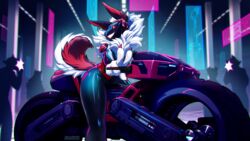  16:9 absurd_res ailaanne black_body black_fur camera female fluffy fur futuristic group hi_res latex lights machine motorcycle noisy_(redace83) protogen red_body red_fur robot science_fiction screen screen_face sleeves smile solo_focus vehicle white_body white_fur widescreen 