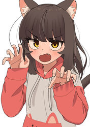  animal_ear_fluff animal_ears blush brown_hair cat_ears cat_tail claw_pose commentary_request eyes_visible_through_hair female han_nuri hands_up highres hood hood_down hoodie jitome kemonomimi_mode korean_commentary long_hair long_sleeves looking_at_viewer mole mole_under_eye nakta oerba_yun_fang open_mouth original simple_background solo tail upper_body white_background yellow_eyes you&#039;re_under_my_skin! 