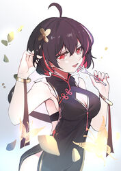  black_bra black_dress black_hair bra breasts bug butterfly china_dress chinese_clothes colored_skin dress female flower fork hair_flower hair_ornament hand_in_own_hair highres holding holding_fork honkai_(series) honkai_impact_3rd medium_breasts naughty_face qingye_ling red_eyes red_hair red_nails seele_(alter_ego) seele_vollerei short_hair underwear white_skin yellow_butterfly 