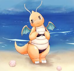  2014 beach bikini black_bikini black_clothing black_swimwear blush claws clothing dragonite generation_1_pokemon looking_away mei_(artist) nervous nintendo outside pokemon pokemon_(species) sea seashell seaside shell sky solo standing swimwear water wet wings yellow_body yellow_skin 