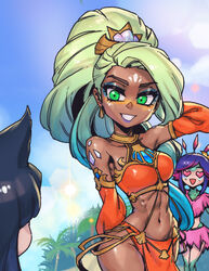  3girls ahri_(league_of_legends) alternate_costume arabian_clothes bikini blonde_hair breasts collarbone commentary dark-skinned_female dark_skin day detached_sleeves earrings facial_mark fur_trim green_eyes green_hair grin heart heart-shaped_eyes jewelry large_breasts league_of_legends long_hair medium_hair multicolored_hair multiple_girls navel neeko_(league_of_legends) nidalee ocean_song_nidalee outdoors palm_tree phantom_ix_row pink_hair ponytail purple_hair skirt smile stomach swimsuit symbol-only_commentary teeth tree two-tone_hair 