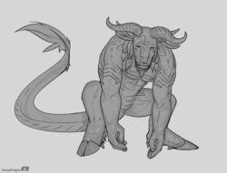  accessory alcelaphine antelope anthro bovid bovine closed_eyes gnu hair hair_accessory herpydragon hooves horn hybrid looking_down mammal monochrome reptile reptile_tail scales scalie squat_position squatting_position varoch_(character) 