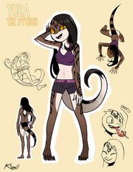  4_toes anthro barefoot claws clothed clothing feet female hair hi_res kittellox_(artist) navel open_mouth plantigrade python reptile scalie shirt snake solo tank_top toes tongue topwear 