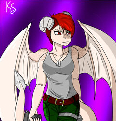  absurd_res anthro belt bottomwear clothing dog_tags dragon female green_bottomwear green_clothing green_pants grey_clothing grey_horn grey_shirt grey_tank_top grey_topwear gun hair handgun hi_res horn katrina_star lgbt_pride military muscular muscular_anthro muscular_female mythological_creature mythological_scalie mythology pants pistol pose quartz_aavenren ranged_weapon red_eyes red_hair scales scalie shirt solo tail tank_top tomboy topwear weapon white_body white_scales wings 