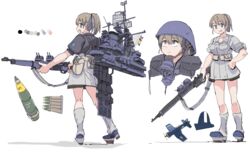  aircraft airplane blue_eyes blush bolt_action boots breasts brown_hair bullet cleavage closed_mouth clothes_writing commentary_request f4u_corsair female from_behind gun hair_between_eyes hand_on_own_hip helmet highres holding holding_gun holding_weapon intrepid_(kancolle) jura_cambri kantai_collection m1903_springfield multiple_views neck_pillow open_mouth ponytail pouch rifle rigging short_sleeves simple_background standing weapon white_background 