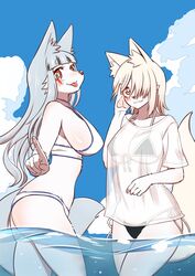  :3 anthro ass big_breasts bikini bikini_bottom bikini_top blush breasts canid canine clothed clothing cloud colored_edge_bikini duo facial_markings female fox front-tie_bikini front-tie_clothing front-tie_swimwear fur gesture grey_hair hair hand_gesture head_markings hi_res hime_cut kemono long_hair looking_at_viewer mammal markings mehajiki osaki_fushimi outside partially_submerged pawpads pointing red_eyes red_markings sea shirt side-tie_bikini side-tie_clothing side-tie_swimwear side_boob side_mouth side_view sky smile string_bikini swimwear t-shirt tamamo-chan&#039;s_a_fox tamamo_fushimi tied_bikini tied_clothing tongue tongue_out topwear translucent translucent_clothing translucent_shirt translucent_topwear triangle_bikini water wet wet_clothing wet_shirt wet_topwear white_body white_fur white_hair yuuki_ray 