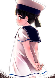  arms_behind_back black_hair blue_sailor_collar brown_eyes commentary_request dress female gigokku hat hiburi_(kancolle) highres kantai_collection panties pink_panties ponytail sailor_collar sailor_dress sailor_hat see-through short_hair short_sleeves simple_background smile solo underwear white_hat 