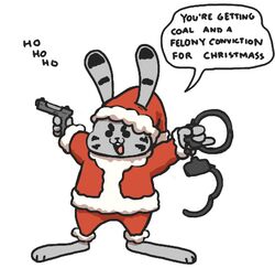  ambiguous_gender anthro barefoot biped christmas christmas_clothing christmas_headwear clothed clothing costume cuff_(restraint) dialogue dipstick_ears disney ear_markings english_text facial_markings feet fur grey_body grey_fur gud gun handcuffs hat head_markings headgear headwear holding_gun holding_object holding_ranged_weapon holding_weapon holidays jack_savage lagomorph leporid low_res mammal markings metal_cuffs multicolored_ears rabbit ranged_weapon restraints santa_costume santa_hat shackles simple_background solo text weapon white_background zootopia 