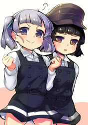  2girls arare_(kancolle) arare_kai_ni_(kancolle) black_dress black_hair blunt_bangs blush clenched_hands commentary_request dress gigokku grey_hair hair_ribbon hat highres kantai_collection long_sleeves low_twintails multiple_girls ooshio_(kancolle) ooshio_kai_ni_(kancolle) open_mouth pinafore_dress puff_of_air ribbon shirt short_hair simple_background sleeveless sleeveless_dress smile twintails two-tone_background white_shirt 