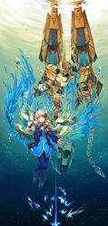  absurdres assault_visor blonde_hair blue_eyes female golden_wings greatwhite1122 gundam gundam_narrative hand_on_own_chest highres looking_down mecha mechanical_wings multiple_wings open_hand photoshop_(medium) reflection rita_bernal robot underwater unicorn_gundam_phenex wings 