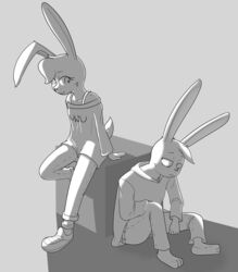  2021 agidyne anthro barefoot clothing cousins_(lore) cube_(object) duo eye_contact feet female footwear head_tuft hi_res hoodie lagomorph looking_at_another male mammal monochrome rose_(agidyne) shoes shoulderless_shirt simple_background sitting slouching stephen_(agidyne) topwear tuft uwu 