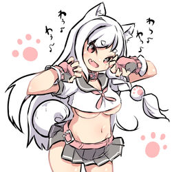  :d animal_ear_fluff animal_ears azur_lane belt belt_buckle black_skirt braid breasts buckle commentary_request crop_top female fingerless_gloves gloves grey_sailor_collar hair_ornament hands_up head_tilt long_hair looking_at_viewer medium_breasts midriff navel oerba_yun_fang open_mouth pleated_skirt puffy_short_sleeves puffy_sleeves red_belt red_eyes red_gloves sailor_collar school_uniform serafuku shirt short_eyebrows short_sleeves simple_background skirt smile solo standing tail thick_eyebrows translation_request u-non_(annon&#039;an) underboob very_long_hair white_background white_hair white_shirt wolf_ears wolf_girl wolf_tail yuudachi_(azur_lane) 