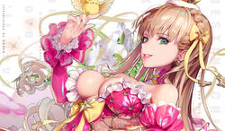  bare_shoulders bird braid breasts cropped crown destiny_child detached_collar detached_sleeves earrings female frills full_body green_eyes hair_ornament hand_up highleg highleg_leotard highres jewelry kkuem large_breasts leotard long_hair long_sleeves looking_at_viewer mini_crown official_art parted_lips pink_leotard pink_lips revealing_clothes see-through shiny_clothes smile solo tiwaz_(destiny_child) very_long_hair 