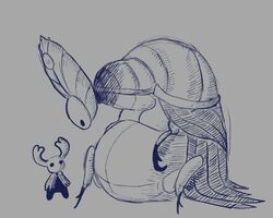  arthropod belly cape clothing duo female godseeker_(hollow_knight) green_torsos_(artist) hollow_knight horn insects larger_female overweight size_difference team_cherry the_knight_(hollow_knight) 