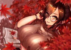  absurdres alternate_costume alternate_hairstyle azur_lane bad_id bad_pixiv_id bespectacled black_hair book braid breasts brown_sweater female friedrich_der_grosse_(azur_lane) from_above glasses hair_over_one_eye hand_in_own_hair highres holding holding_book large_breasts leaf looking_at_viewer maple_leaf open_book reading ribbed_sweater solo sunebu_(snake_boo2) sweater watch wristwatch yellow_eyes 