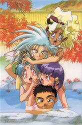  1990s_(style) 1boy 4girls animal_on_head aqua_hair artist_request autumn_leaves bamboo_fence black_hair blonde_hair blue_eyes brown_eyes dark_skin day facial_mark fangs fence forehead_mark freckles green_hair hands_on_another&#039;s_shoulders kuramitsu_mihoshi masaki_aeka_jurai masaki_sasami_jurai masaki_tenchi mouth_submerged multiple_girls non-web_source official_art on_head onsen open_mouth outdoors partially_submerged pink_eyes pointy_ears purple_hair red_eyes retro_artstyle ryou-ouki ryouko_(tenchi_muyou!) tenchi_muyou! tenchi_muyou!_ryou-ouki water yellow_eyes 