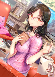  book book_on_breasts brown_eyes brown_hair cake cake_slice chair coffee coffee_mug commentary_request controller cup female food galaxy_angel glasses highres holding holding_book holding_cup mikazuki_akira! mug normad original pink_sweater pov pov_hands reading remote_control ribbed_sweater shelf sitting smile solo_focus stuffed_animal stuffed_toy sweater television 