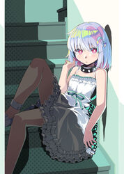  absurdres alto-00 collar dohna_dohna_issho_ni_warui_koto_o_shiyou dress female flat_chest hair_ornament heart heart_hair_ornament highres parted_lips pink_eyes porno_(dohna_dohna) shoes short_hair sitting sitting_on_stairs solo spiked_collar spikes stairs white_dress white_footwear white_hair 