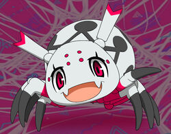  arachnid arthropod arthropod_abdomen enorapi eyes fangs female feral kumoko looking_at_viewer open_mouth pink_eyes purple_background simple_background so_i&#039;m_a_spider_so_what? solo spider spider_web teeth third-party_edit white_body 