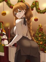  absurdres alternate_costume alternate_hairstyle apron ass black_pantyhose black_ribbon blush box braid braided_ponytail breasts brown_hair candle christmas christmas_ornaments christmas_tree closed_mouth cowboy_shot female from_behind garland_(decoration) gift gift_box girls&#039;_frontline green_eyes hair_between_eyes hair_ribbon highres indoors large_breasts letdie1414 light_smile long_hair long_sleeves looking_at_viewer looking_back paid_reward pantyhose patreon_reward patreon_username ribbed_sweater ribbon sidelocks single_braid smile solo springfield_(girls&#039;_frontline) standing star_(symbol) sweater table tablecloth tareme turtleneck turtleneck_sweater white_sweater 