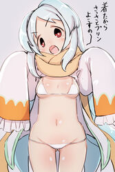  :d bikini bikini_under_clothes blue_hair blush breasts brown_scarf commentary_request dress female grey_background groin head_tilt highres jacket long_hair long_sleeves looking_at_viewer medium_breasts miyako_(princess_connect!) navel open_clothes open_jacket open_mouth parted_bangs princess_connect! red_eyes scarf simple_background sleeves_past_fingers sleeves_past_wrists smile solo standing swimsuit translated two_side_up u-non_(annon&#039;an) v-shaped_eyebrows very_long_hair white_bikini white_dress 