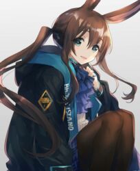  :d amiya_(arknights) animal_ears arknights asuda black_jacket blue_eyes blue_neckwear brown_hair brown_pantyhose commentary feet_out_of_frame female grey_background hair_between_eyes jacket knees_up long_hair long_sleeves looking_at_viewer open_clothes open_jacket open_mouth pantyhose rabbit_ears shirt simple_background sitting smile solo white_shirt 