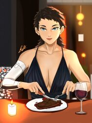  absurdres alcohol bayydr blue_eyes breasts brown_hair candle cleavage commentary cup dress english_commentary female food fork gundam gundam_suisei_no_majo highres indoors knife lips long_hair looking_at_viewer medium_breasts night plate pov_dating prospera_mercury red_wine signature solo steak wine 