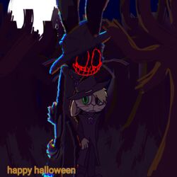  1:1 ambiguous_gender anthro blank_stare blonde_hair clothing costume darlan_bunnit darli_buni demon duo empty_eyes english_text forest forest_background fur glowing glowing_eyes glowing_teeth green_eyes hair halloween hare headgear headwear hi_res holiday_message holidays jewelry lagomorph leporid looking_away looking_worried male mammal multicolored_body multicolored_fur nature nature_background plant rabbit red_eyes scut_tail shadow short_tail size_difference slim tail tall tall_ears teeth text the_whistler_(darli_buni) tree whiskers 