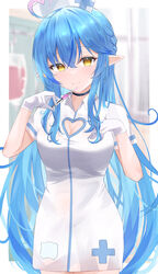  absurdres ahoge blue_hair blurry blurry_background border braid breasts cleavage cleavage_cutout closed_mouth clothing_cutout collared_dress colored_tips dress female floating_hair gloves hair_between_eyes heart heart_ahoge heart_cutout highres holding holding_syringe hololive long_hair medium_breasts multicolored_hair nurse outside_border pointy_ears short_sleeves single_braid smile solo standing streaked_hair syringe very_long_hair virtual_youtuber white_border white_dress white_gloves wing_collar yellow_eyes yukihana_lamy yuzuki4no 