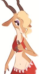  2021 antelope anthro blonde_hair bovid clothed clothing conditional_dnp crop_top disney eyelashes eyeshadow female gazelle gazelle_(zootopia) hair hi_res horn long_neck makeup mammal midriff nanger navel shirt simple_background solo tohupo topwear true_antelope white_background zootopia 