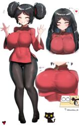  black_hair black_panties blurry breasts chinese_clothes closed_eyes commentary_request depth_of_field double_bun dress feline female garu grin hair_bun heart highres huge_breasts legs long_hair multiple_views noon_maru panties panties_under_pantyhose pantyhose pucca pucca_(cartoon) raised_eyebrows red_dress simple_background smile spoken_heart thick_thighs thigh_gap thighs underwear white_background 