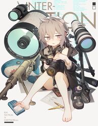  ahoge barefoot blush bolt_action bullet camera canon_(company) cheytac_m200 commentary digital_camera earbuds earbuds_around_neck earphones english_text feet female girls&#039;_frontline grey_eyes grey_hair gun headphones highres holding holding_camera m200_(girls&#039;_frontline) messy_hair open_mouth panties pantyshot rifle scope shoes sitting sniper_rifle solo stuffed_animal stuffed_shark stuffed_toy sweat telescope tianliang_duohe_fangdongye toes tripod underwear unworn_socks weapon 