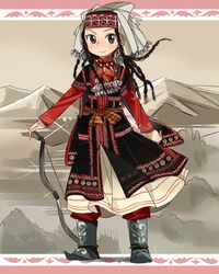  amira black_hair blue_footwear boots bow_(weapon) braid brown_eyes closed_mouth female full_body head_scarf jewelry kazakh_clothes kazakhstan long_hair long_sleeves looking_at_viewer multiple_braids necklace otoyomegatari red_shirt sash shirt smile solo sunameri_oishii traditional_clothes weapon 