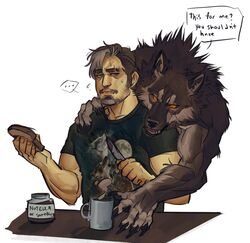  anthro beverage brown_body brown_fur canid canine canis claws clothing coffee dialogue english_text food fur glowing glowing_eyes hi_res human male mammal muscular muscular_male mythological_canine mythological_creature mythology neck_tuft nmvsolidus simple_background stealth text tuft were werecanid werecanine werewolf wolf 