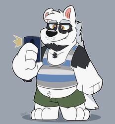  2020 anthro bear belly black_body black_fur black_nose bottomwear canid canine canis clothing cute_fangs electronics fur giant_panda hybrid male mammal overweight overweight_anthro overweight_male phone shirt shorts simple_background solo thepandobo topwear white_body white_fur wolf 