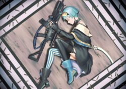  ahoge assault_rifle asymmetrical_footwear asymmetrical_legwear black_gloves boots bullet choker closed_eyes closed_mouth commentary_request desk earrings female fetal_position fingerless_gloves from_above full_body garter_straps girls&#039;_frontline gloves goggles goggles_on_head green_hair gun highres jewelry kalashnikov_rifle lying makkuro mismatched_footwear mismatched_legwear multicolored_nails nape on_desk on_side orange_goggles ribbon rifle scope short_hair skirt sleeping solo strap striped_background striped_clothes striped_thighhighs thighhighs vertical-striped_clothes vertical-striped_thighhighs weapon zas_m21_(girls&#039;_frontline) zastava_m21 zettai_ryouiki 