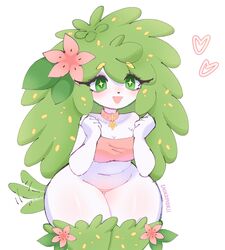  blush chikomokii collar female flower furry furry_female grass green_pupils hair_flower hair_ornament heart highres open_mouth pokemon pokemon_(creature) shaymin shaymin_(land) 