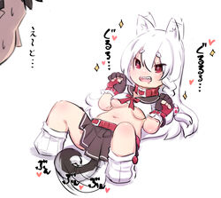  +_+ 1boy :d afterimage animal_ear_fluff animal_ears azur_lane belt belt_buckle black_gloves black_sailor_collar black_skirt braid breasts buckle chibi collar commander_(azur_lane) commentary_request crop_top drooling ear_wiggle female fingerless_gloves full_body gloves hair_between_eyes hair_ornament hands_up heart knees_up long_hair loose_socks lying medium_breasts midriff mouth_drool navel no_shoes on_back open_mouth out_of_frame pleated_skirt red_belt red_collar sailor_collar shadow sharp_teeth shirt short_eyebrows short_sleeves skirt smile socks solo_focus sparkle sweat tail tail_wagging teeth thick_eyebrows translated u-non_(annon&#039;an) underboob very_long_hair white_background white_hair white_shirt white_socks wolf_ears wolf_girl wolf_tail yuudachi_(azur_lane) 