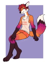  anthro bottomwear canid canine cassius_(foxtalic) clothing dipstick_tail dolphin_shorts femboy femboy_hooters fox gloves_(marking) hooters_uniform hotpants leg_markings looking_at_viewer male mammal markings multicolored_tail red_fox shirt shorts sitting socks_(marking) solo supermint tail tail_markings tank_top text text_on_clothing text_on_shirt text_on_tank_top text_on_topwear topwear true_fox 