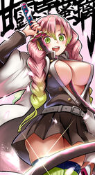  :d absurdres areola_slip belt between_breasts blush braid breasts center_opening covered_nipples demon_slayer_uniform female gradient_hair green_eyes green_hair green_thighhighs highres holding holding_sheath holding_sword holding_weapon kanroji_mitsuri kimetsu_no_yaiba large_breasts looking_at_viewer md5_mismatch mole mole_under_eye multicolored_hair no_bra open_mouth petals pink_hair resolution_mismatch sheath skirt smile solo sparkle sword sword_between_breasts sword_writing thighhighs twin_braids two-tone_hair weapon whip_sword yuki_mizore 