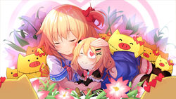  2girls akai_haato akai_haato_(1st_costume) black_legwear blonde_hair blush bow bowtie chibi closed_eyes dual_persona eyepatch flower haaton_(akai_haato) hair_ornament hair_ribbon heart heart_hair_ornament highres hololive hug kira_dx_kira light_rays long_hair lying medical_eyepatch multiple_girls one_side_up red_ribbon ribbon shirt sitting skirt smile sunbeam sunlight thigh_strap thighhighs very_long_hair virtual_youtuber 