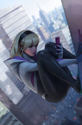  absurdres ass blonde_hair blue_eyes blurry blurry_background bodysuit cellphone cityscape comic_cover commentary cover_image day depth_of_field earphones english_commentary female gwen_stacy hairband highres hood hooded_bodysuit jee-hyung_lee lips long_hair marvel official_art outdoors phone signature smartphone solo spider-gwen spider-man_(series) squatting 